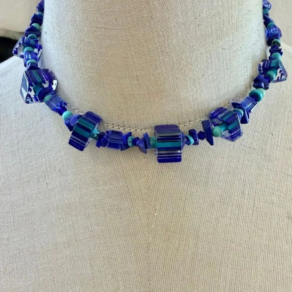 Art Glass Blue & stone  Beaded choker Necklace with Sterling Silver Clasp